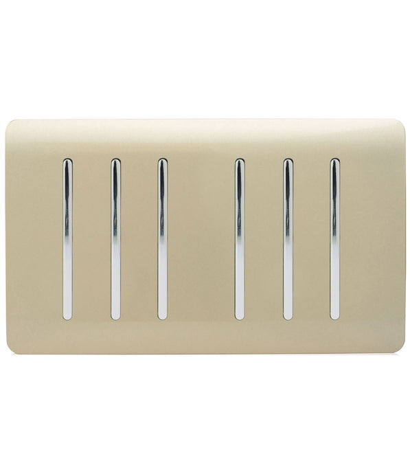 Trendi Switch ART-SS66GO, Artistic Modern 6 Gang 2 Way 10 Amp Rocker Twin Plate Champagne Gold Finish, BRITISH MADE, (35mm Back Box Required), 5yrs Warranty - 43899
