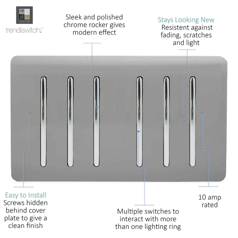 Load image into Gallery viewer, Trendi Switch ART-SS66LG, Artistic Modern 6 Gang 2 Way 10 Amp Rocker Twin Plate Light Grey Finish, BRITISH MADE, (35mm Back Box Required), 5yrs Warranty - 54055
