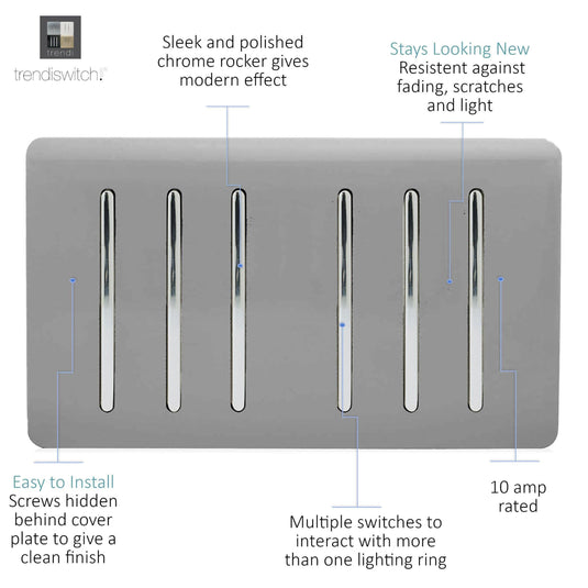 Trendi Switch ART-SS66LG, Artistic Modern 6 Gang 2 Way 10 Amp Rocker Twin Plate Light Grey Finish, BRITISH MADE, (35mm Back Box Required), 5yrs Warranty - 54055