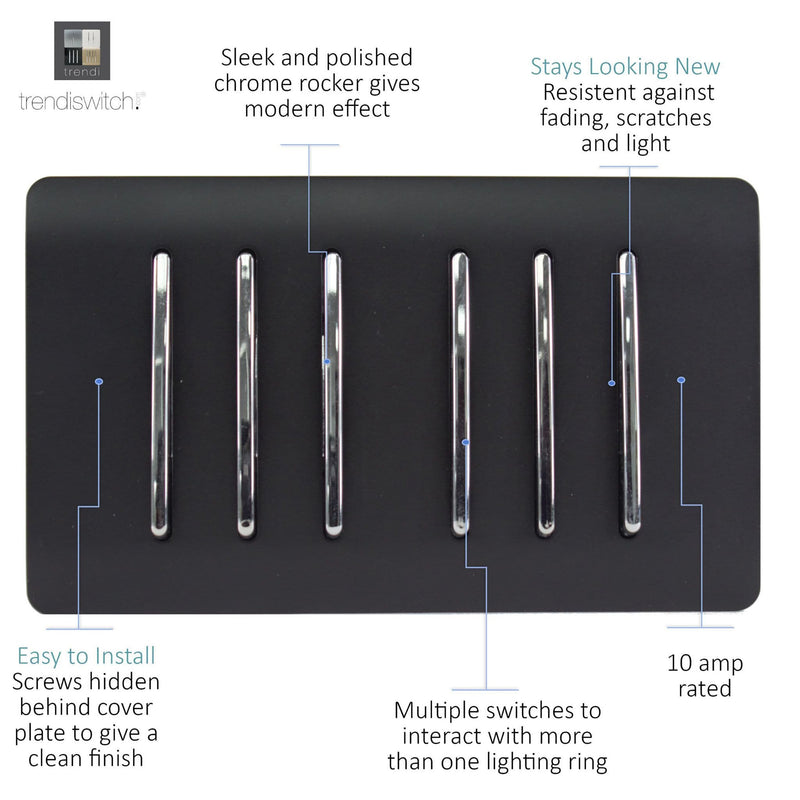 Load image into Gallery viewer, Trendi Switch ART-SS66MBK, Artistic Modern 6 Gang 2 Way 10 Amp Rocker Twin Plate Matt Black Finish, BRITISH MADE, (35mm Back Box Required), 5yrs Warranty - 43900
