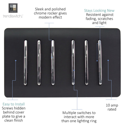 Trendi Switch ART-SS66MBK, Artistic Modern 6 Gang 2 Way 10 Amp Rocker Twin Plate Matt Black Finish, BRITISH MADE, (35mm Back Box Required), 5yrs Warranty - 43900