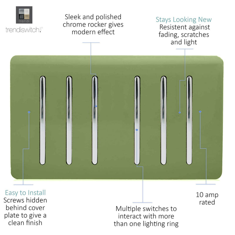 Load image into Gallery viewer, Trendi Switch ART-SS66MG, Artistic Modern 6 Gang 2 Way 10 Amp Rocker Twin Plate Moss Green Finish, BRITISH MADE, (35mm Back Box Required), 5yrs Warranty - 54057
