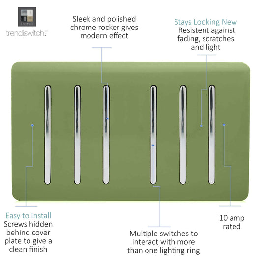 Trendi Switch ART-SS66MG, Artistic Modern 6 Gang 2 Way 10 Amp Rocker Twin Plate Moss Green Finish, BRITISH MADE, (35mm Back Box Required), 5yrs Warranty - 54057