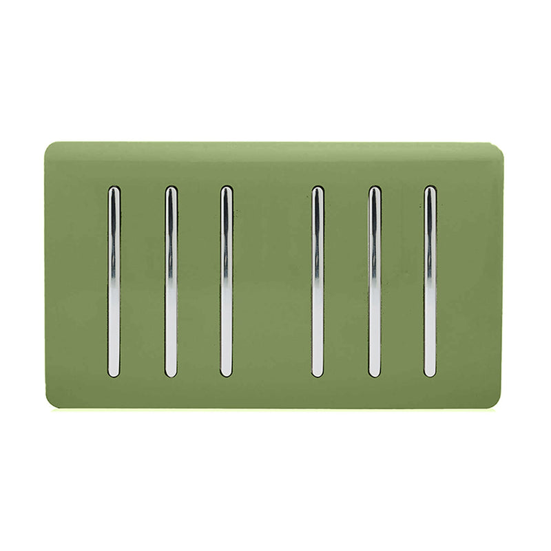 Load image into Gallery viewer, Trendi Switch ART-SS66MG, Artistic Modern 6 Gang 2 Way 10 Amp Rocker Twin Plate Moss Green Finish, BRITISH MADE, (35mm Back Box Required), 5yrs Warranty - 54057
