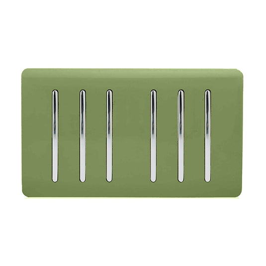 Trendi Switch ART-SS66MG, Artistic Modern 6 Gang 2 Way 10 Amp Rocker Twin Plate Moss Green Finish, BRITISH MADE, (35mm Back Box Required), 5yrs Warranty - 54057
