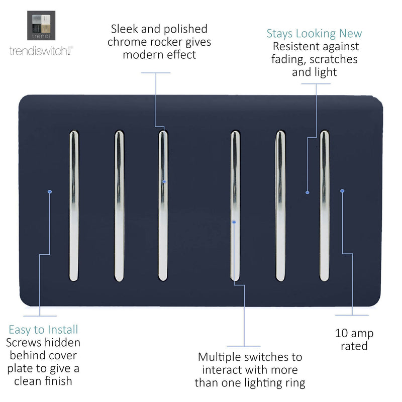 Load image into Gallery viewer, Trendi Switch ART-SS66NV, Artistic Modern 6 Gang 2 Way 10 Amp Rocker Twin Plate Navy Blue Finish, BRITISH MADE, (35mm Back Box Required), 5yrs Warranty - 54058
