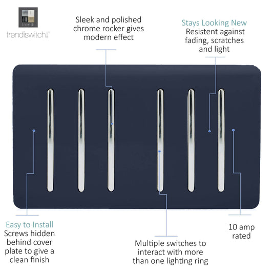 Trendi Switch ART-SS66NV, Artistic Modern 6 Gang 2 Way 10 Amp Rocker Twin Plate Navy Blue Finish, BRITISH MADE, (35mm Back Box Required), 5yrs Warranty - 54058