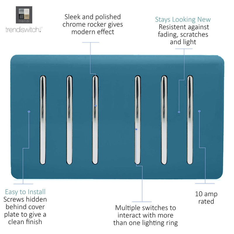 Load image into Gallery viewer, Trendi Switch ART-SS66OB, Artistic Modern 6 Gang 2 Way 10 Amp Rocker Twin Plate Ocean Blue Finish, BRITISH MADE, (35mm Back Box Required), 5yrs Warranty - 54059
