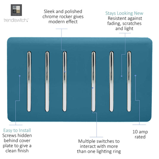 Trendi Switch ART-SS66OB, Artistic Modern 6 Gang 2 Way 10 Amp Rocker Twin Plate Ocean Blue Finish, BRITISH MADE, (35mm Back Box Required), 5yrs Warranty - 54059