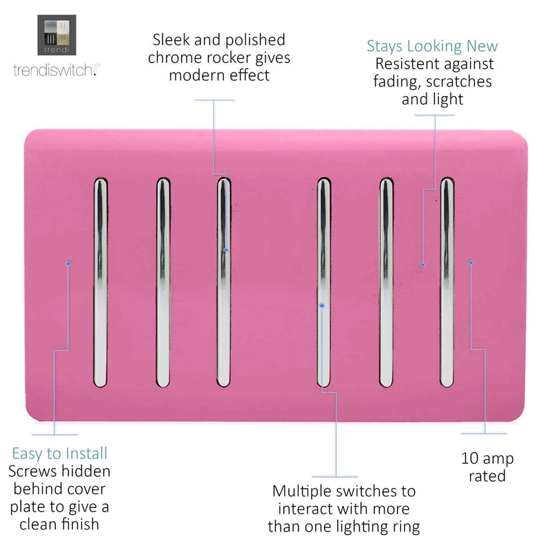 Load image into Gallery viewer, Trendi Switch ART-SS66PK, Artistic Modern 6 Gang 2 Way 10 Amp Rocker Twin Plate Pink Finish, BRITISH MADE, (35mm Back Box Required), 5yrs Warranty - 54061
