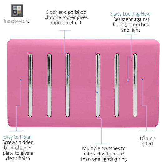 Trendi Switch ART-SS66PK, Artistic Modern 6 Gang 2 Way 10 Amp Rocker Twin Plate Pink Finish, BRITISH MADE, (35mm Back Box Required), 5yrs Warranty - 54061