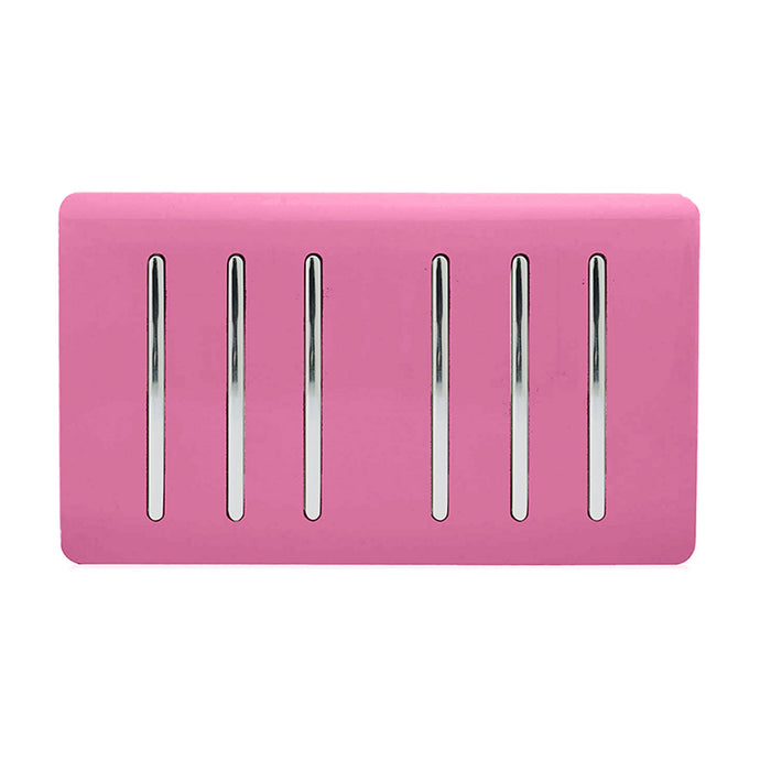 Trendi Switch ART-SS66PK, Artistic Modern 6 Gang 2 Way 10 Amp Rocker Twin Plate Pink Finish, BRITISH MADE, (35mm Back Box Required), 5yrs Warranty - 54061
