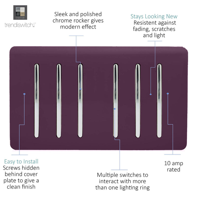 Load image into Gallery viewer, Trendi Switch ART-SS66PL, Artistic Modern 6 Gang 2 Way 10 Amp Rocker Twin Plate Plum Finish, BRITISH MADE, (35mm Back Box Required), 5yrs Warranty - 54062
