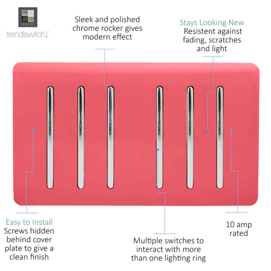Trendi Switch ART-SS66SB, Artistic Modern 6 Gang 2 Way 10 Amp Rocker Twin Plate Strawberry Finish, BRITISH MADE, (35mm Back Box Required), 5yrs Warranty - 54063