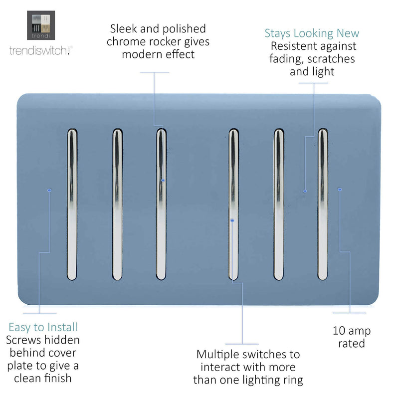 Load image into Gallery viewer, Trendi Switch ART-SS66SK, Artistic Modern 6 Gang 2 Way 10 Amp Rocker Twin Plate Sky Finish, BRITISH MADE, (35mm Back Box Required), 5yrs Warranty - 54064
