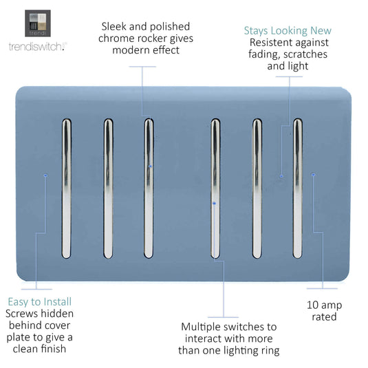 Trendi Switch ART-SS66SK, Artistic Modern 6 Gang 2 Way 10 Amp Rocker Twin Plate Sky Finish, BRITISH MADE, (35mm Back Box Required), 5yrs Warranty - 54064
