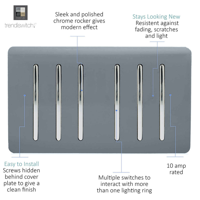 Load image into Gallery viewer, Trendi Switch ART-SS66WG, Artistic Modern 6 Gang 2 Way 10 Amp Rocker Twin Plate Warm Grey Finish, BRITISH MADE, (35mm Back Box Required), 5yrs Warranty - 54065
