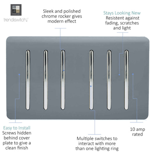 Trendi Switch ART-SS66WG, Artistic Modern 6 Gang 2 Way 10 Amp Rocker Twin Plate Warm Grey Finish, BRITISH MADE, (35mm Back Box Required), 5yrs Warranty - 54065