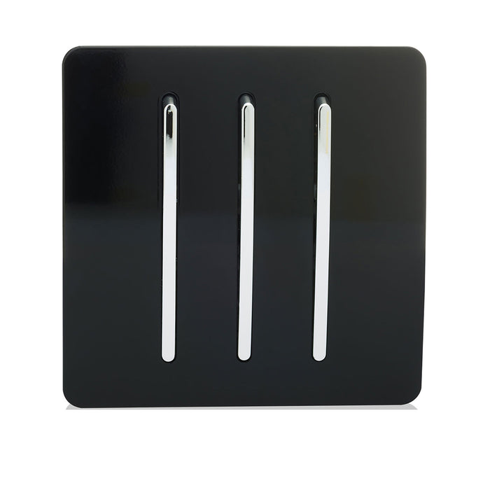 Trendi Switch ART-SS6BK, Artistic Modern 3 Gang 2 Way 10 Amp Rocker Gloss Black Finish, BRITISH MADE, (25mm Back Box Required), 5yrs Warranty - 24219