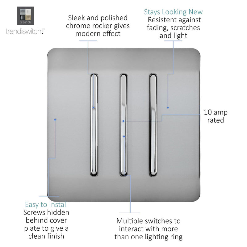 Load image into Gallery viewer, Trendi Switch ART-SS6BS, Artistic Modern 3 Gang 2 Way 10 Amp Rocker Brushed Steel Finish, BRITISH MADE, (25mm Back Box Required), 5yrs Warranty - 54066
