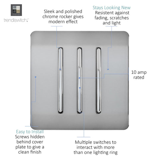 Trendi Switch ART-SS6BS, Artistic Modern 3 Gang 2 Way 10 Amp Rocker Brushed Steel Finish, BRITISH MADE, (25mm Back Box Required), 5yrs Warranty - 54066