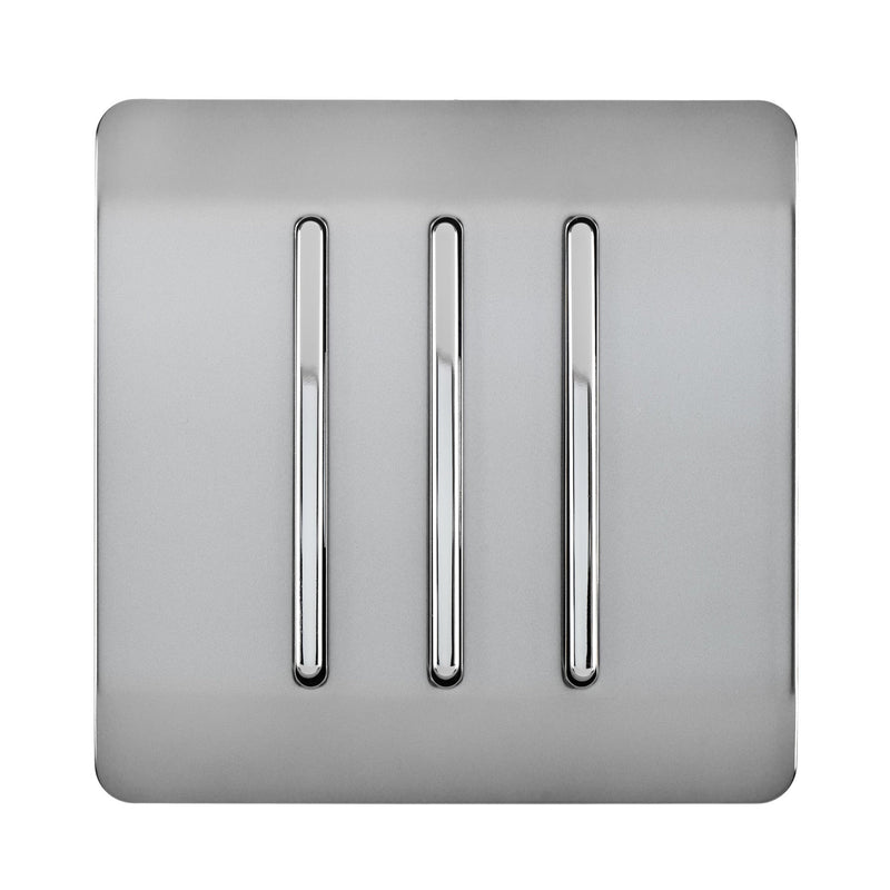 Load image into Gallery viewer, Trendi Switch ART-SS6BS, Artistic Modern 3 Gang 2 Way 10 Amp Rocker Brushed Steel Finish, BRITISH MADE, (25mm Back Box Required), 5yrs Warranty - 54066
