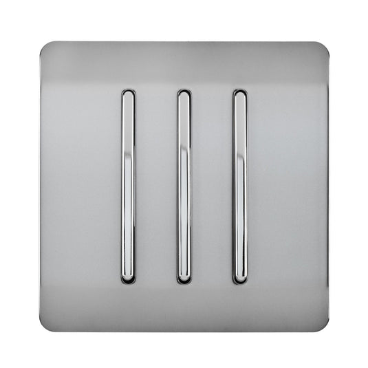 Trendi Switch ART-SS6BS, Artistic Modern 3 Gang 2 Way 10 Amp Rocker Brushed Steel Finish, BRITISH MADE, (25mm Back Box Required), 5yrs Warranty - 54066