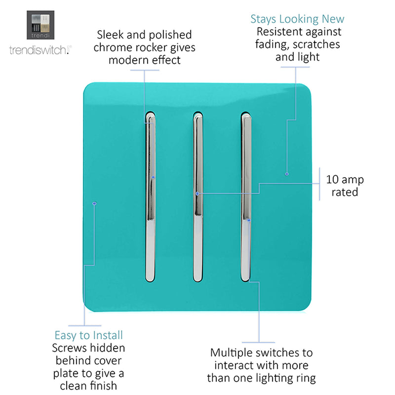 Load image into Gallery viewer, Trendi Switch ART-SS6BT, Artistic Modern 3 Gang 2 Way 10 Amp Rocker Bright Teal Finish, BRITISH MADE, (25mm Back Box Required), 5yrs Warranty - 54067

