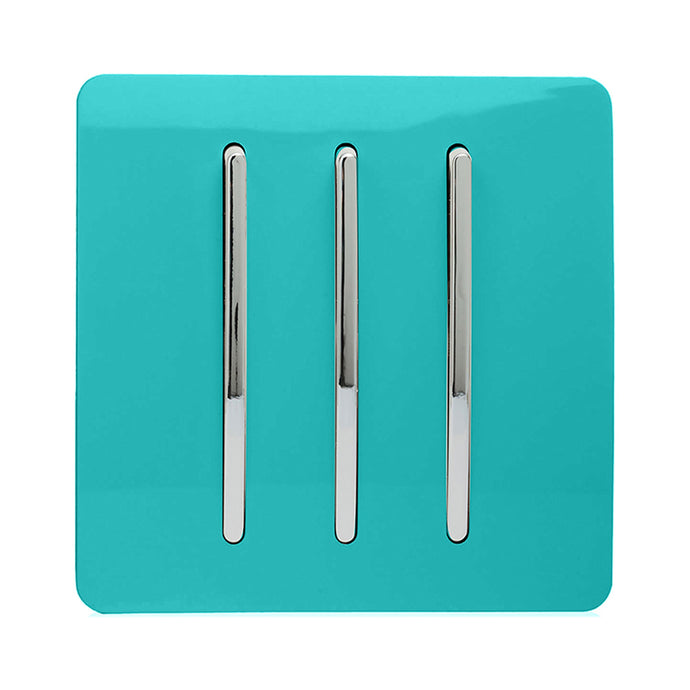 Trendi Switch ART-SS6BT, Artistic Modern 3 Gang 2 Way 10 Amp Rocker Bright Teal Finish, BRITISH MADE, (25mm Back Box Required), 5yrs Warranty - 54067