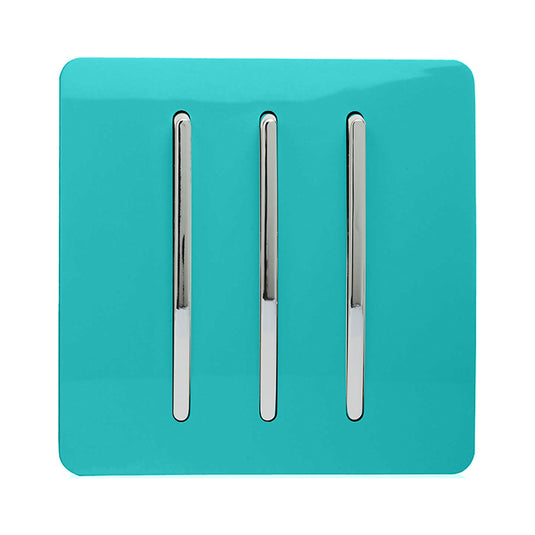 Trendi Switch ART-SS6BT, Artistic Modern 3 Gang 2 Way 10 Amp Rocker Bright Teal Finish, BRITISH MADE, (25mm Back Box Required), 5yrs Warranty - 54067