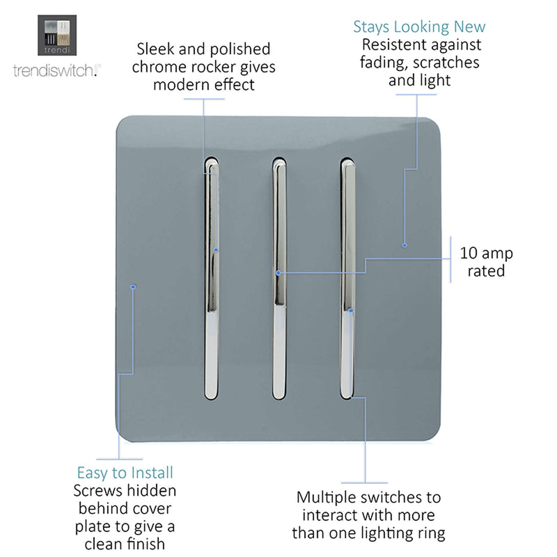 Load image into Gallery viewer, Trendi Switch ART-SS6CG, Artistic Modern 3 Gang 2 Way 10 Amp Rocker Cool Grey Finish, BRITISH MADE, (25mm Back Box Required), 5yrs Warranty - 54068
