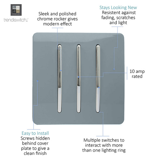 Trendi Switch ART-SS6CG, Artistic Modern 3 Gang 2 Way 10 Amp Rocker Cool Grey Finish, BRITISH MADE, (25mm Back Box Required), 5yrs Warranty - 54068