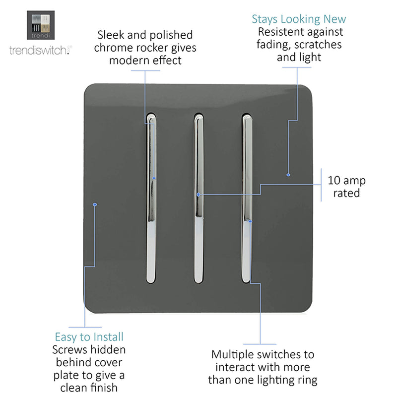 Load image into Gallery viewer, Trendi Switch ART-SS6CH, Artistic Modern 3 Gang 2 Way 10 Amp Rocker Charcoal Finish, BRITISH MADE, (25mm Back Box Required), 5yrs Warranty - 54069
