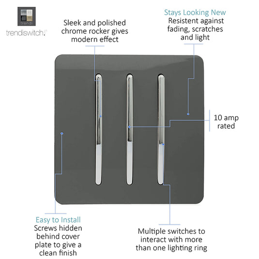 Trendi Switch ART-SS6CH, Artistic Modern 3 Gang 2 Way 10 Amp Rocker Charcoal Finish, BRITISH MADE, (25mm Back Box Required), 5yrs Warranty - 54069