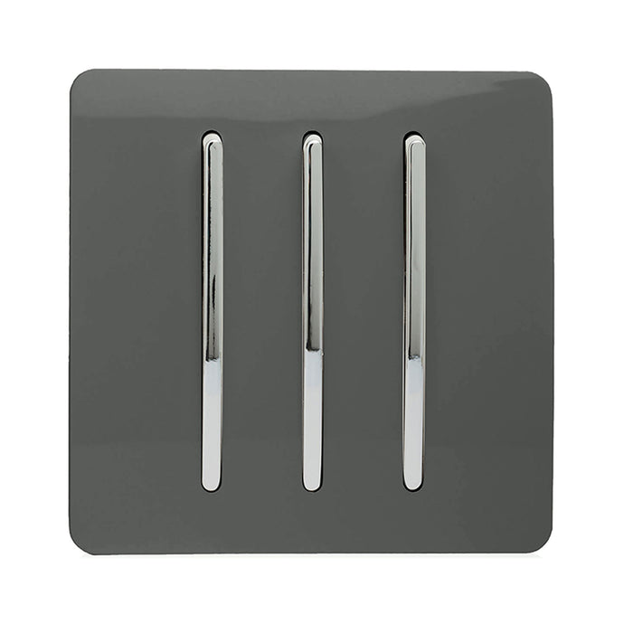 Trendi Switch ART-SS6CH, Artistic Modern 3 Gang 2 Way 10 Amp Rocker Charcoal Finish, BRITISH MADE, (25mm Back Box Required), 5yrs Warranty - 54069