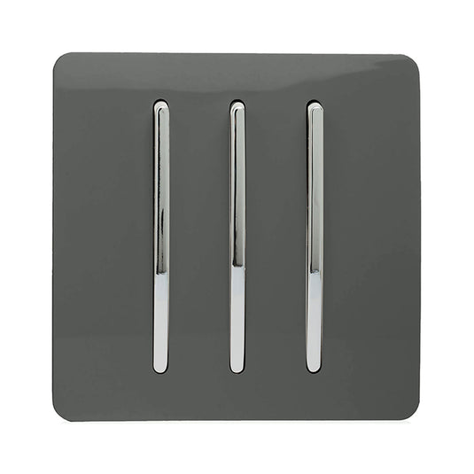 Trendi Switch ART-SS6CH, Artistic Modern 3 Gang 2 Way 10 Amp Rocker Charcoal Finish, BRITISH MADE, (25mm Back Box Required), 5yrs Warranty - 54069