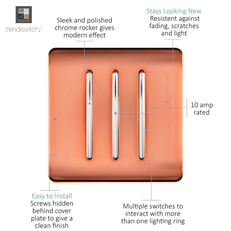 Load image into Gallery viewer, Trendi Switch ART-SS6CPR, Artistic Modern 3 Gang 2 Way 10 Amp Rocker Copper Finish, BRITISH MADE, (25mm Back Box Required), 5yrs Warranty - 54070
