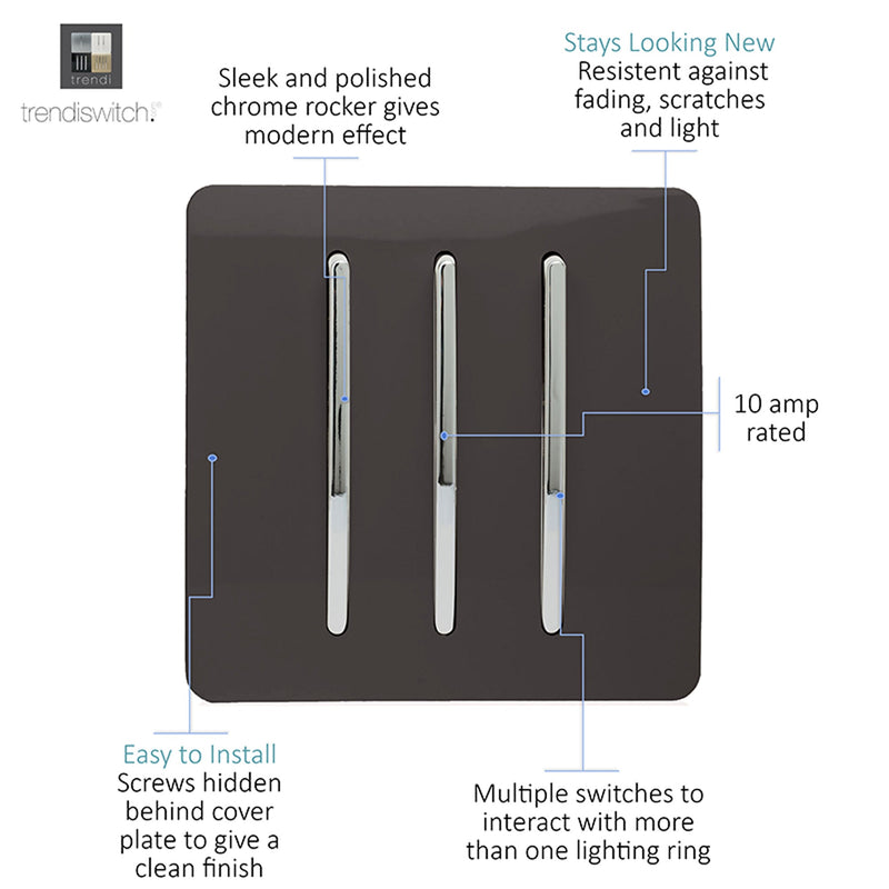 Load image into Gallery viewer, Trendi Switch ART-SS6DB, Artistic Modern 3 Gang 2 Way 10 Amp Rocker Dark Brown Finish, BRITISH MADE, (25mm Back Box Required), 5yrs Warranty - 54071
