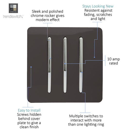 Trendi Switch ART-SS6DB, Artistic Modern 3 Gang 2 Way 10 Amp Rocker Dark Brown Finish, BRITISH MADE, (25mm Back Box Required), 5yrs Warranty - 54071