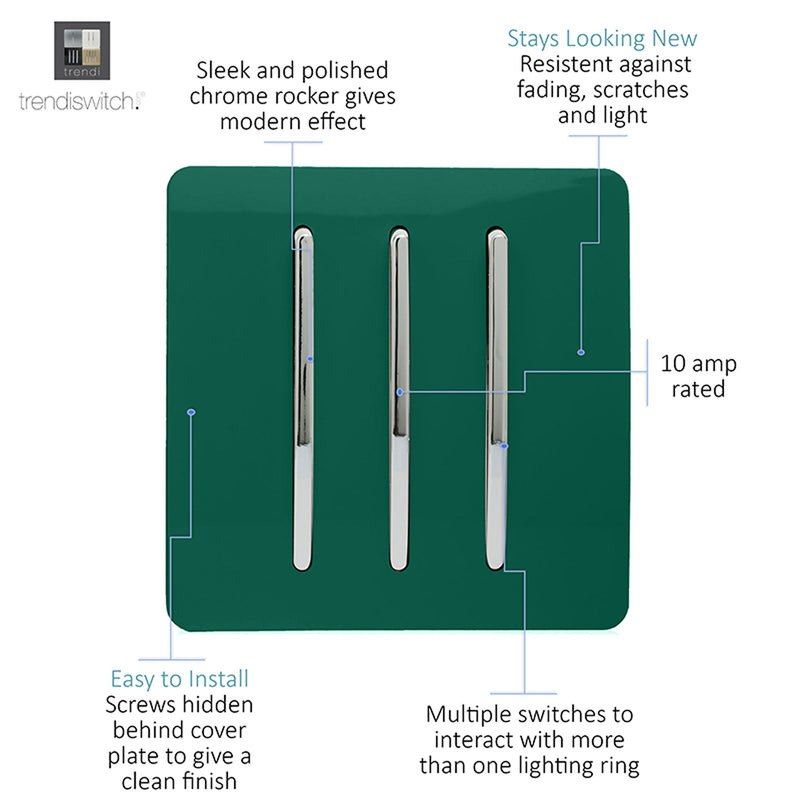 Load image into Gallery viewer, Trendi Switch ART-SS6DG, Artistic Modern 3 Gang 2 Way 10 Amp Rocker Dark Green Finish, BRITISH MADE, (25mm Back Box Required), 5yrs Warranty - 54072

