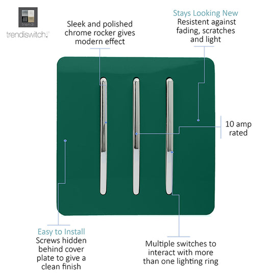 Trendi Switch ART-SS6DG, Artistic Modern 3 Gang 2 Way 10 Amp Rocker Dark Green Finish, BRITISH MADE, (25mm Back Box Required), 5yrs Warranty - 54072