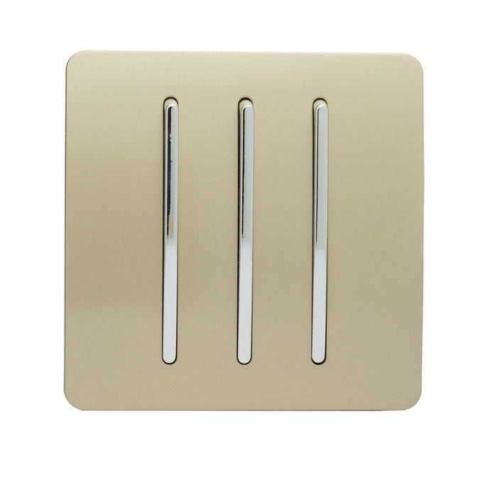 Trendi Switch ART-SS6GO, Artistic Modern 3 Gang 2 Way 10 Amp Rocker Champagne Gold Finish, BRITISH MADE, (25mm Back Box Required), 5yrs Warranty - 24222