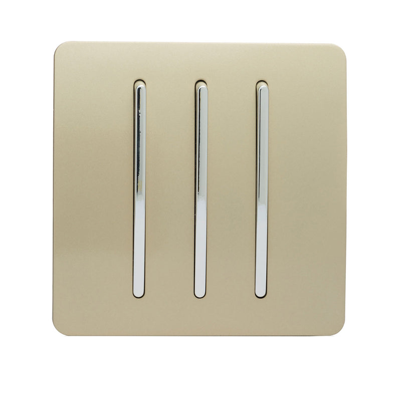 Load image into Gallery viewer, Trendi Switch ART-SS6GO, Artistic Modern 3 Gang 2 Way 10 Amp Rocker Champagne Gold Finish, BRITISH MADE, (25mm Back Box Required), 5yrs Warranty - 24222
