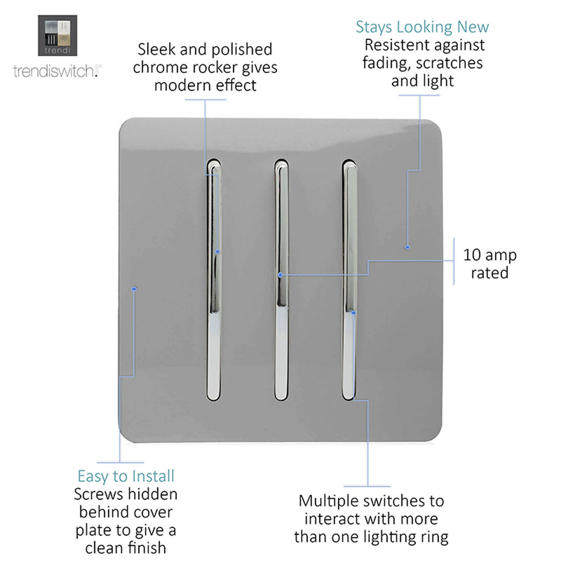 Load image into Gallery viewer, Trendi Switch ART-SS6LG, Artistic Modern 3 Gang 2 Way 10 Amp Rocker Light Grey Finish, BRITISH MADE, (25mm Back Box Required), 5yrs Warranty - 54073
