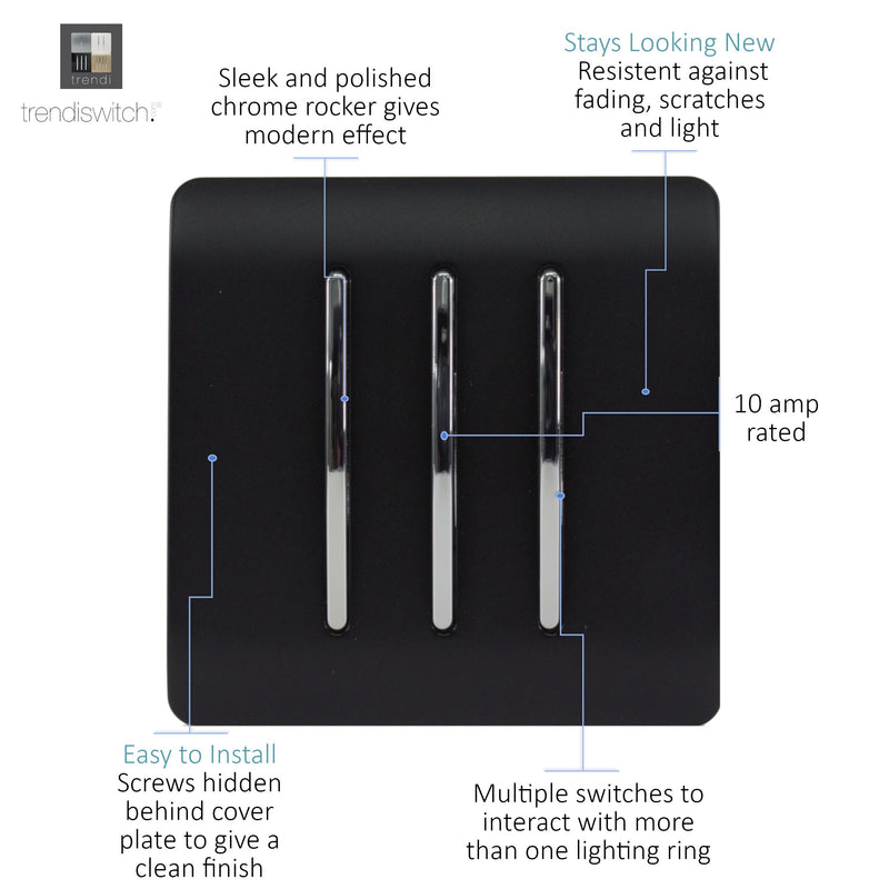 Load image into Gallery viewer, Trendi Switch ART-SS6MBK, Artistic Modern 3 Gang 2 Way 10 Amp Rocker Matt Black Finish, BRITISH MADE, (25mm Back Box Required), 5yrs Warranty - 43903
