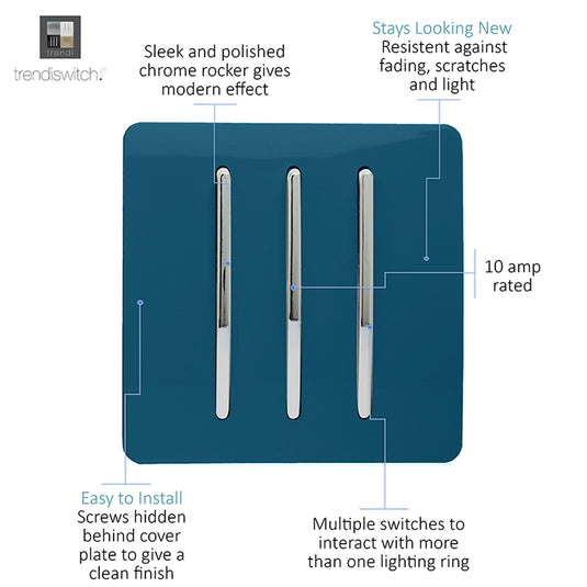 Trendi Switch ART-SS6MD, Artistic Modern 3 Gang 2 Way 10 Amp Rocker Midnight Blue Finish, BRITISH MADE, (25mm Back Box Required), 5yrs Warranty - 54074