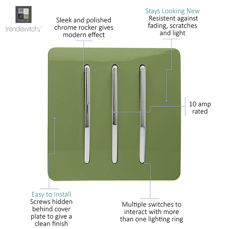 Load image into Gallery viewer, Trendi Switch ART-SS6MG, Artistic Modern 3 Gang 2 Way 10 Amp Rocker Moss Green Finish, BRITISH MADE, (25mm Back Box Required), 5yrs Warranty - 54075
