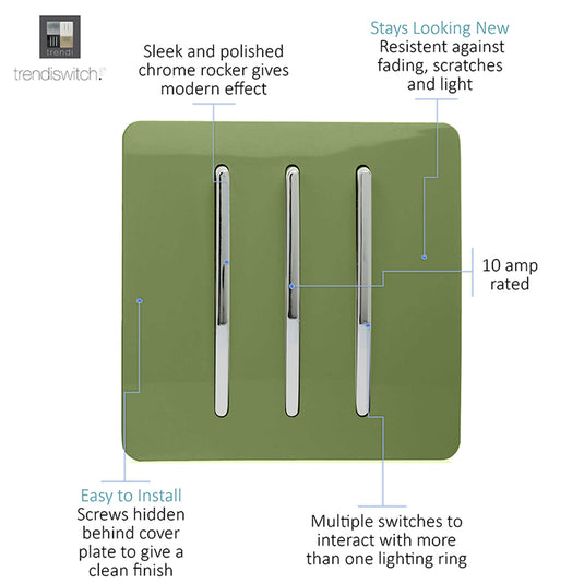 Trendi Switch ART-SS6MG, Artistic Modern 3 Gang 2 Way 10 Amp Rocker Moss Green Finish, BRITISH MADE, (25mm Back Box Required), 5yrs Warranty - 54075