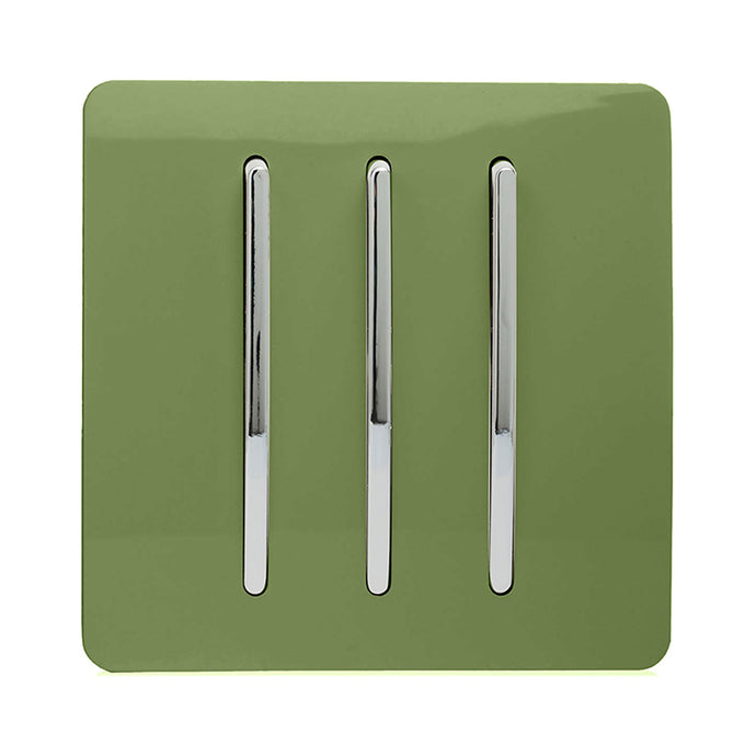 Trendi Switch ART-SS6MG, Artistic Modern 3 Gang 2 Way 10 Amp Rocker Moss Green Finish, BRITISH MADE, (25mm Back Box Required), 5yrs Warranty - 54075