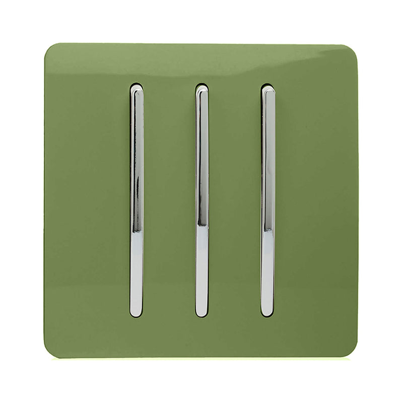 Load image into Gallery viewer, Trendi Switch ART-SS6MG, Artistic Modern 3 Gang 2 Way 10 Amp Rocker Moss Green Finish, BRITISH MADE, (25mm Back Box Required), 5yrs Warranty - 54075
